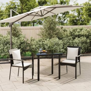 Set mobilier de grădină cu perne, 3 piese, negru, poliratan