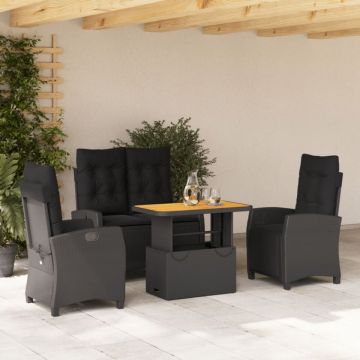 Set mobilier de grădină cu perne, 4 piese, negru, poliratan