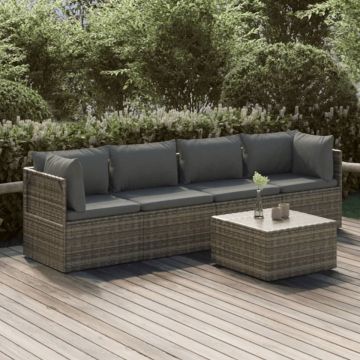 Set mobilier de grădină cu perne, 5 piese, gri, poliratan