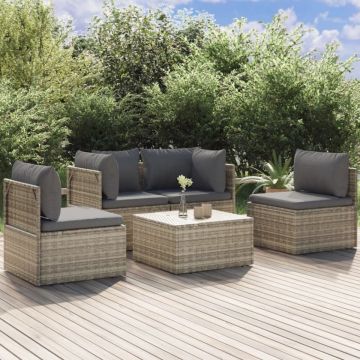 Set mobilier de grădină cu perne, 5 piese, gri, poliratan