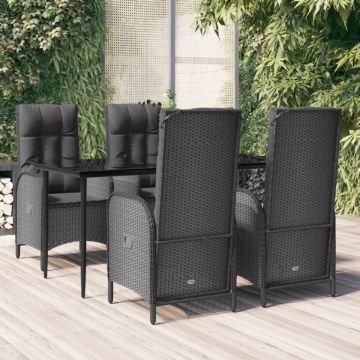 Set mobilier de grădină cu perne, 5 piese, negru, poliratan