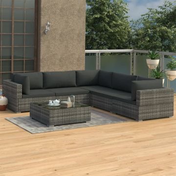 Set mobilier de grădină cu perne, 6 piese, gri, poliratan
