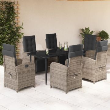 Set mobilier de grădină cu perne, 7 piese, gri, poliratan