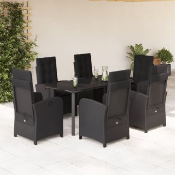 Set mobilier de grădină cu perne, 7 piese, negru, poliratan