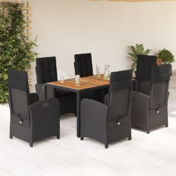 Set mobilier de grădină cu perne, 7 piese, negru, poliratan