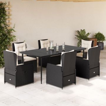Set mobilier de grădină cu perne, 7 piese, negru, poliratan
