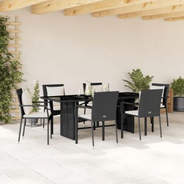 Set mobilier de grădină cu perne, 7 piese, negru, poliratan