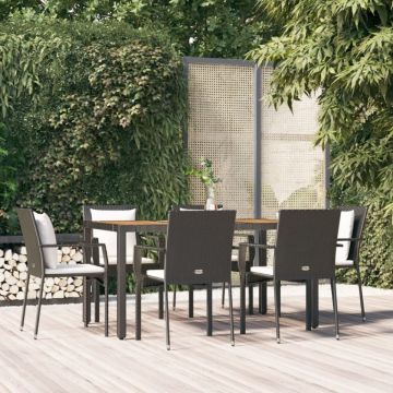 Set mobilier de grădină cu perne, 7 piese, negru, poliratan