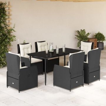 Set mobilier de grădină cu perne, 7 piese, negru, poliratan