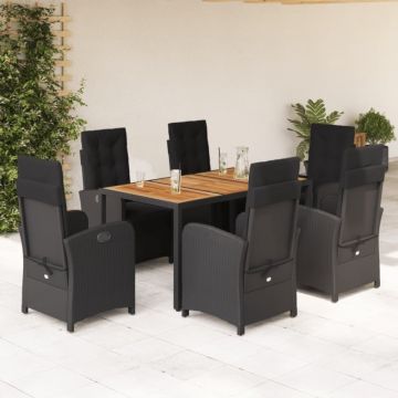 Set mobilier de grădină cu perne, 7 piese, negru, poliratan