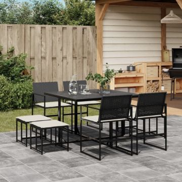 Set mobilier de grădină cu perne, 9 piese, negru, poliratan