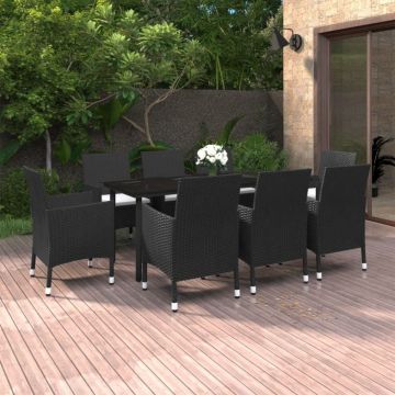 Set mobilier de grădină cu perne, 9 piese, poliratan și sticlă