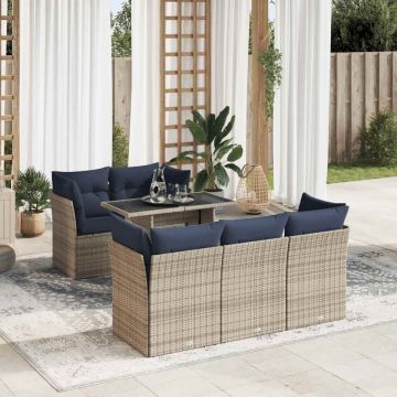 Set mobilier grădină cu perne 6 piese gri poliratan/lemn acacia