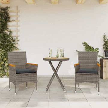 Set bistro cu perne, 3 piese, gri, poliratan și lemn acacia