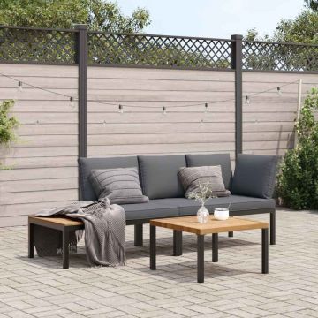 Set canapea de grădină, 3 piese, cu perne, negru, aluminiu