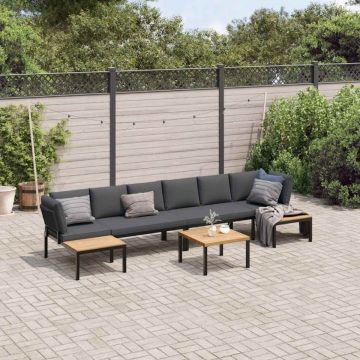 Set canapea de grădină, 5 piese, cu perne, negru, aluminiu