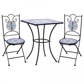 Set de bistro mozaic, 3 piese, albastru & alb, placă ceramică