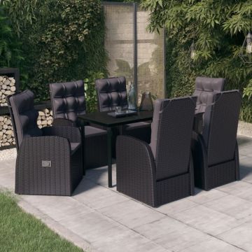 Set de masă pentru grădină, 7 piese, cu perne, negru
