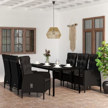 Set de masă pentru grădină, 7 piese, cu perne, negru