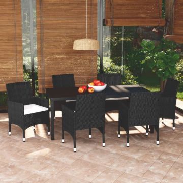Set de masă pentru grădină cu perne, 7 piese, negru, poliratan