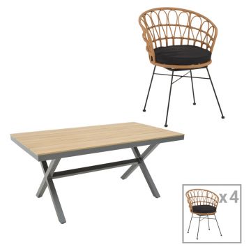 Set de masă Thorio-Felicia 5 pakoworld antracit aluminiu și placaj în nuanță Naturală 160x90x75cm