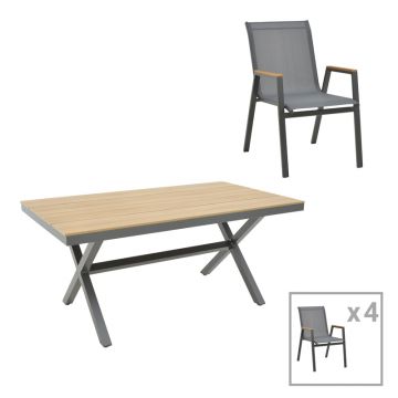 Set masa de sufragerie Thorio-Azelie 5 antracit aluminiu si placaj, Natural, 160x90x75 cm