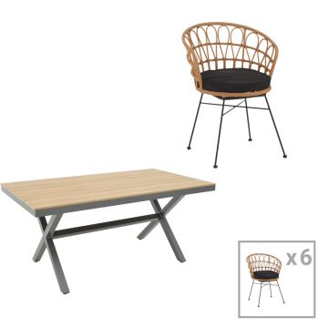 Set masa de sufragerie Thorio-Felicia 7 antracit aluminiu si placaj, Natural, 160x90x75 cm