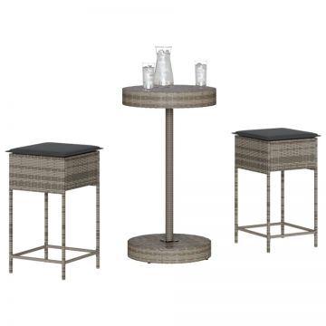 Set mobilier bar de grădină, cu perne, 3 piese, gri, poliratan