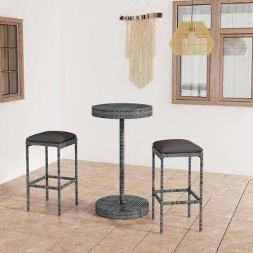 Set mobilier bar de grădină, cu perne, 3 piese, gri, poliratan