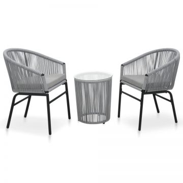Set mobilier de bistro cu perne, 3 piese, gri, ratan PE