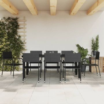 Set mobilier de grădină, 9 piese, negru, poliratan și oțel