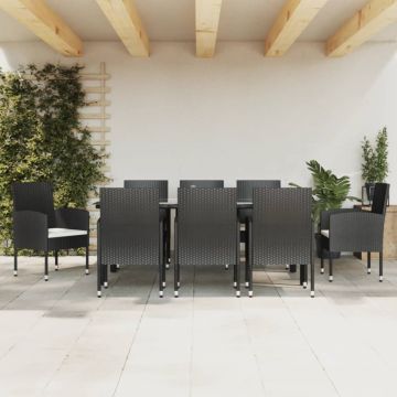 Set mobilier de grădină, 9 piese, negru, poliratan și oțel
