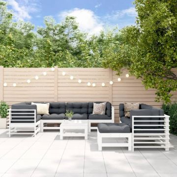 Set mobilier de grădină cu perne, 10 piese, alb, lemn masiv