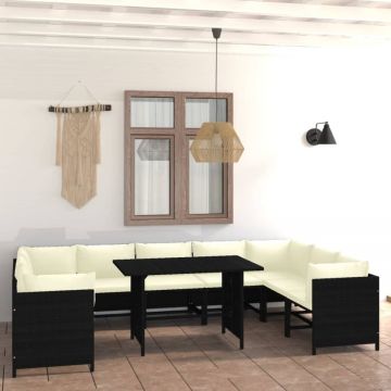 Set mobilier de grădină cu perne, 10 piese, negru, poliratan