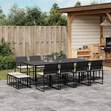 Set mobilier de grădină cu perne, 13 piese, negru, poliratan