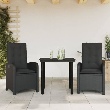 Set mobilier de grădină cu perne, 3 piese, negru, poliratan
