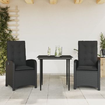 Set mobilier de grădină cu perne, 3 piese, negru, poliratan
