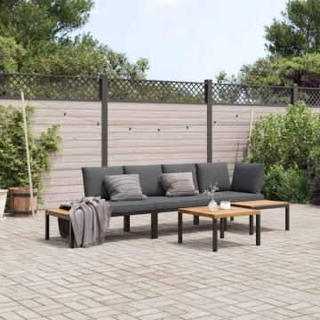 Set mobilier de grădină cu perne, 4 piese, negru, aluminiu