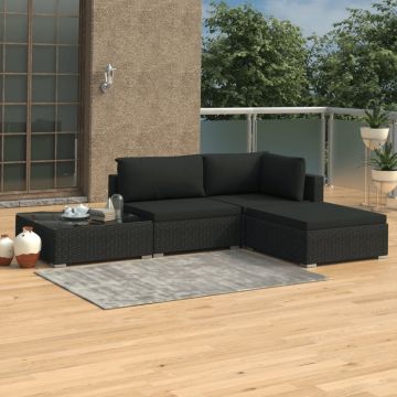 Set mobilier de grădină cu perne, 4 piese, negru, poliratan