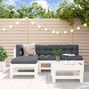 Set mobilier de grădină cu perne, 5 piese, alb, lemn masiv