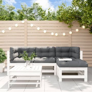 Set mobilier de grădină cu perne, 5 piese, alb, lemn masiv