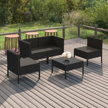 Set mobilier de grădină cu perne, 5 piese, negru, poliratan