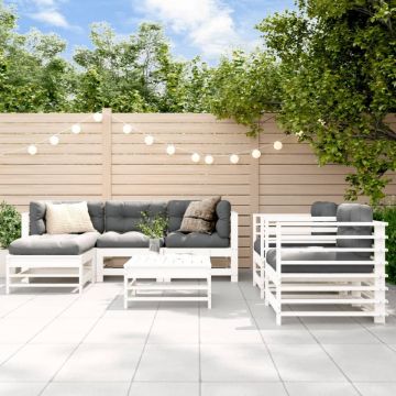 Set mobilier de grădină cu perne, 7 piese, alb, lemn masiv