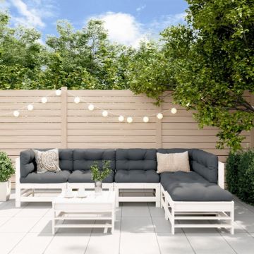 Set mobilier de grădină cu perne, 7 piese, alb, lemn masiv