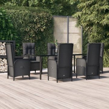 Set mobilier de grădină cu perne, 7 piese, negru, poliratan