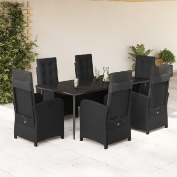Set mobilier de grădină cu perne, 7 piese, negru, poliratan