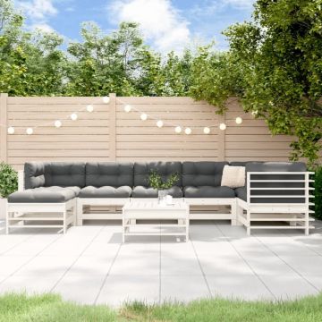 Set mobilier de grădină cu perne, 8 piese, alb, lemn masiv