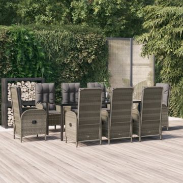 Set mobilier de grădină cu perne, 9 piese, negru/gri, poliratan