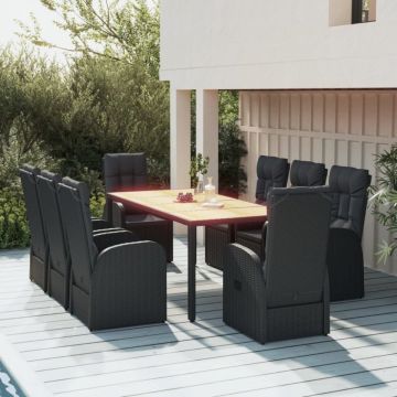 Set mobilier de grădină cu perne, 9 piese, negru, poliratan
