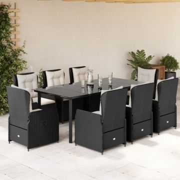 Set mobilier de grădină cu perne, 9 piese, negru, poliratan